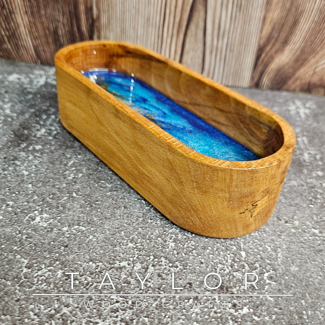 Handmade hardwood resin dish crafted from premium timber with a coloured epoxy resin base, made in Northern Ireland by Taylor Wood Crafts.