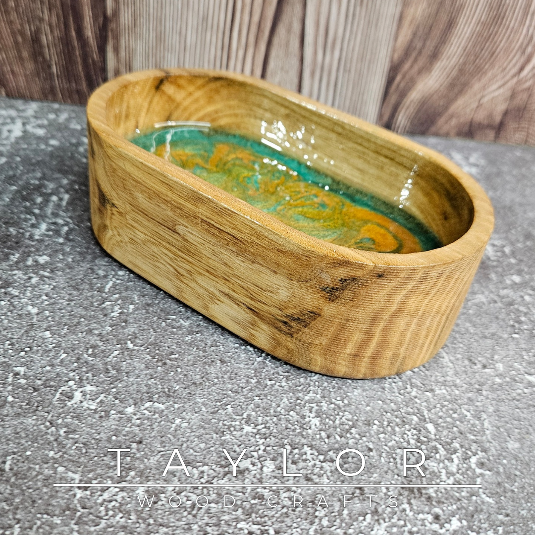 Handmade hardwood resin dish crafted from premium timber with a coloured epoxy resin base, made in Northern Ireland by Taylor Wood Crafts.