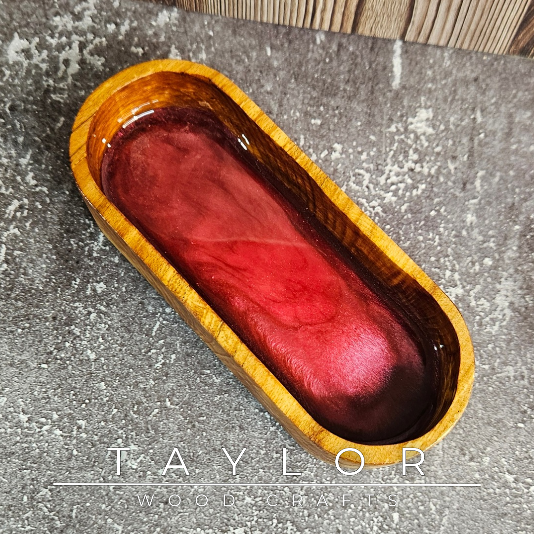 Handmade hardwood resin dish crafted from premium timber with a coloured epoxy resin base, made in Northern Ireland by Taylor Wood Crafts.