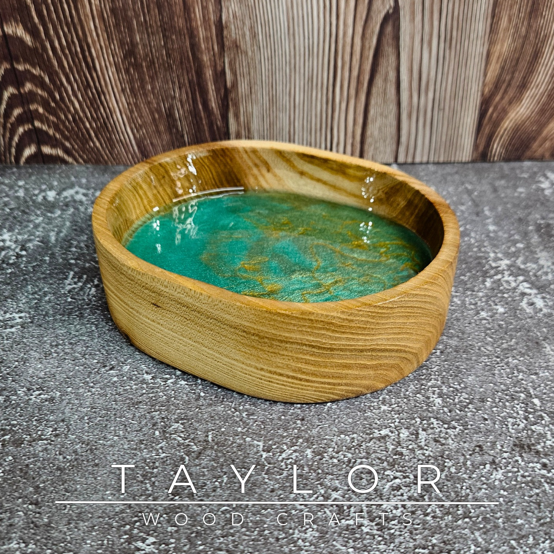 Handmade hardwood resin dish crafted from premium timber with a coloured epoxy resin base, made in Northern Ireland by Taylor Wood Crafts.