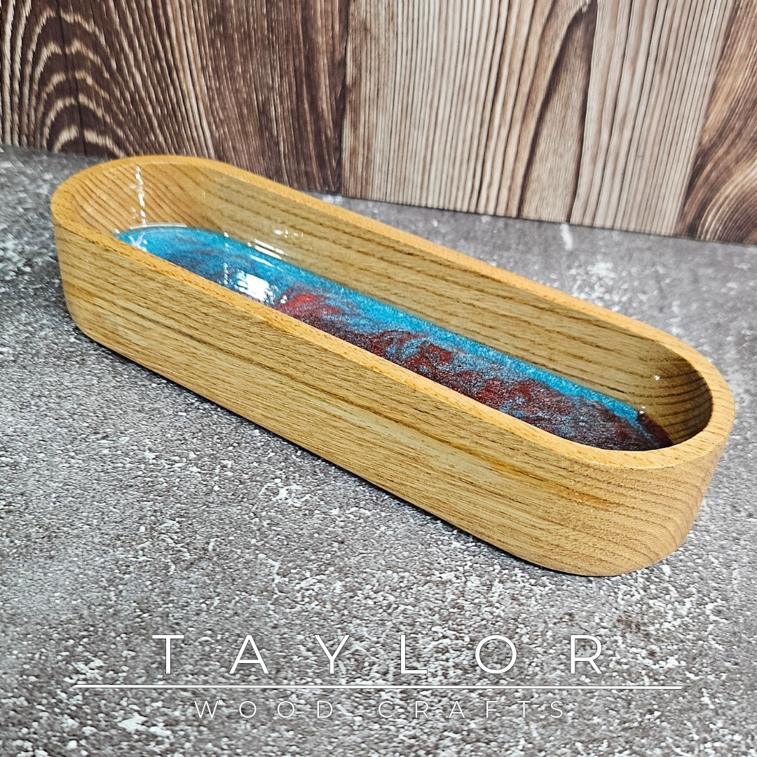 Handmade hardwood resin dish crafted from premium timber with a coloured epoxy resin base, made in Northern Ireland by Taylor Wood Crafts.
