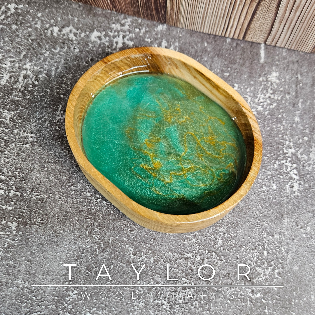 Handmade hardwood resin dish crafted from premium timber with a coloured epoxy resin base, made in Northern Ireland by Taylor Wood Crafts.