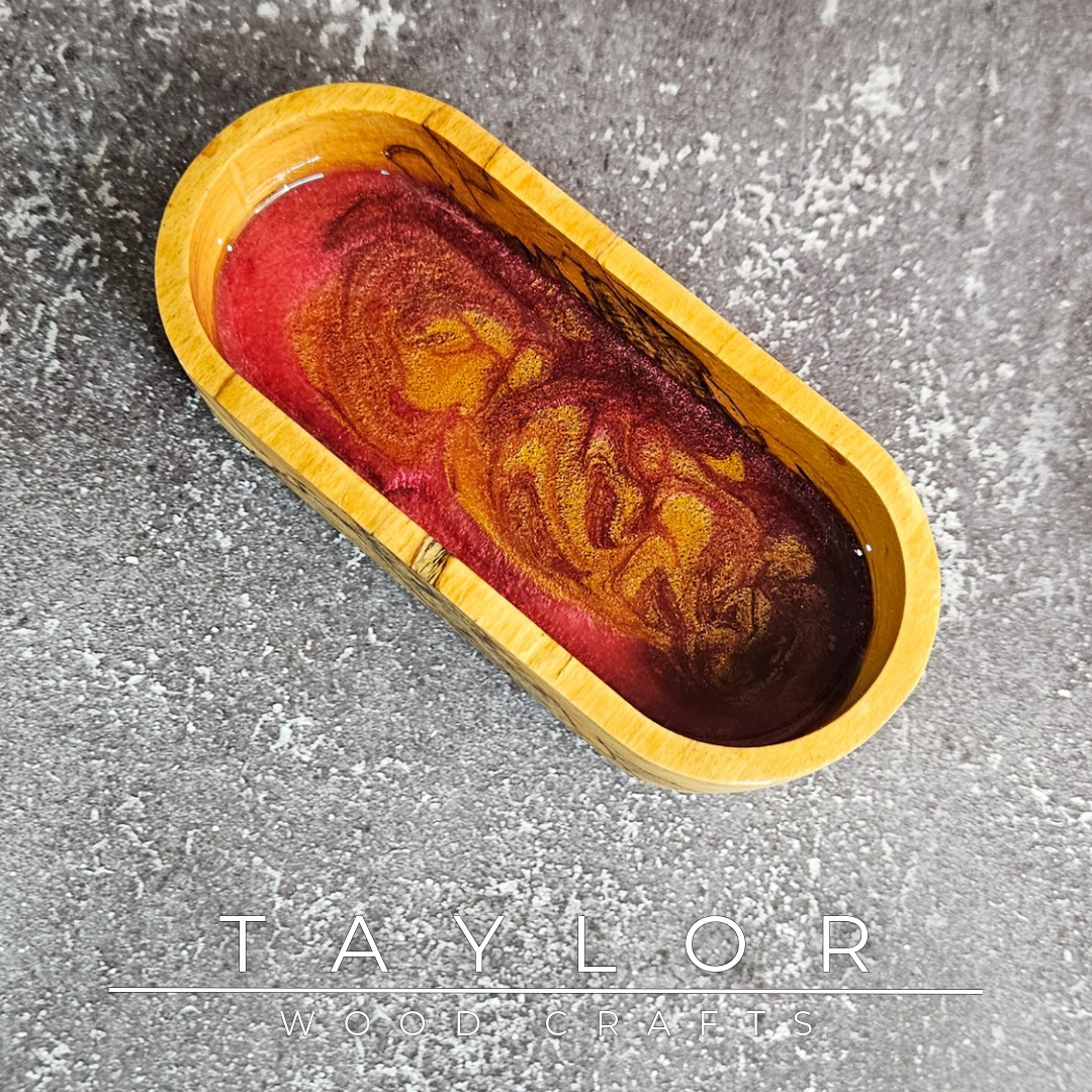 Handmade hardwood resin dish crafted from premium timber with a coloured epoxy resin base, made in Northern Ireland by Taylor Wood Crafts.