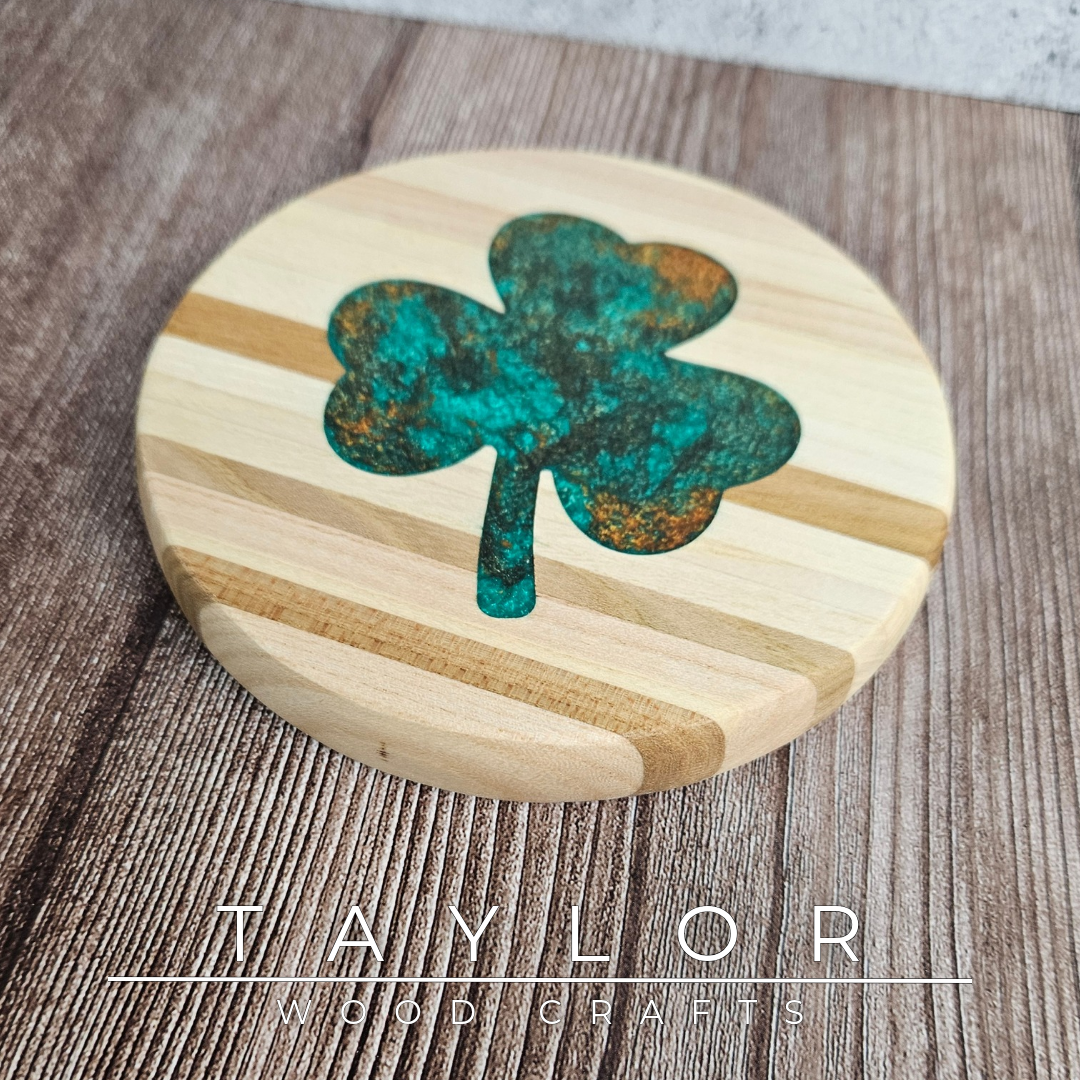 Handmade Irish resin trivet with green epoxy Shamrock or Island of Ireland design, crafted in Northern Ireland by Taylor Wood Crafts.