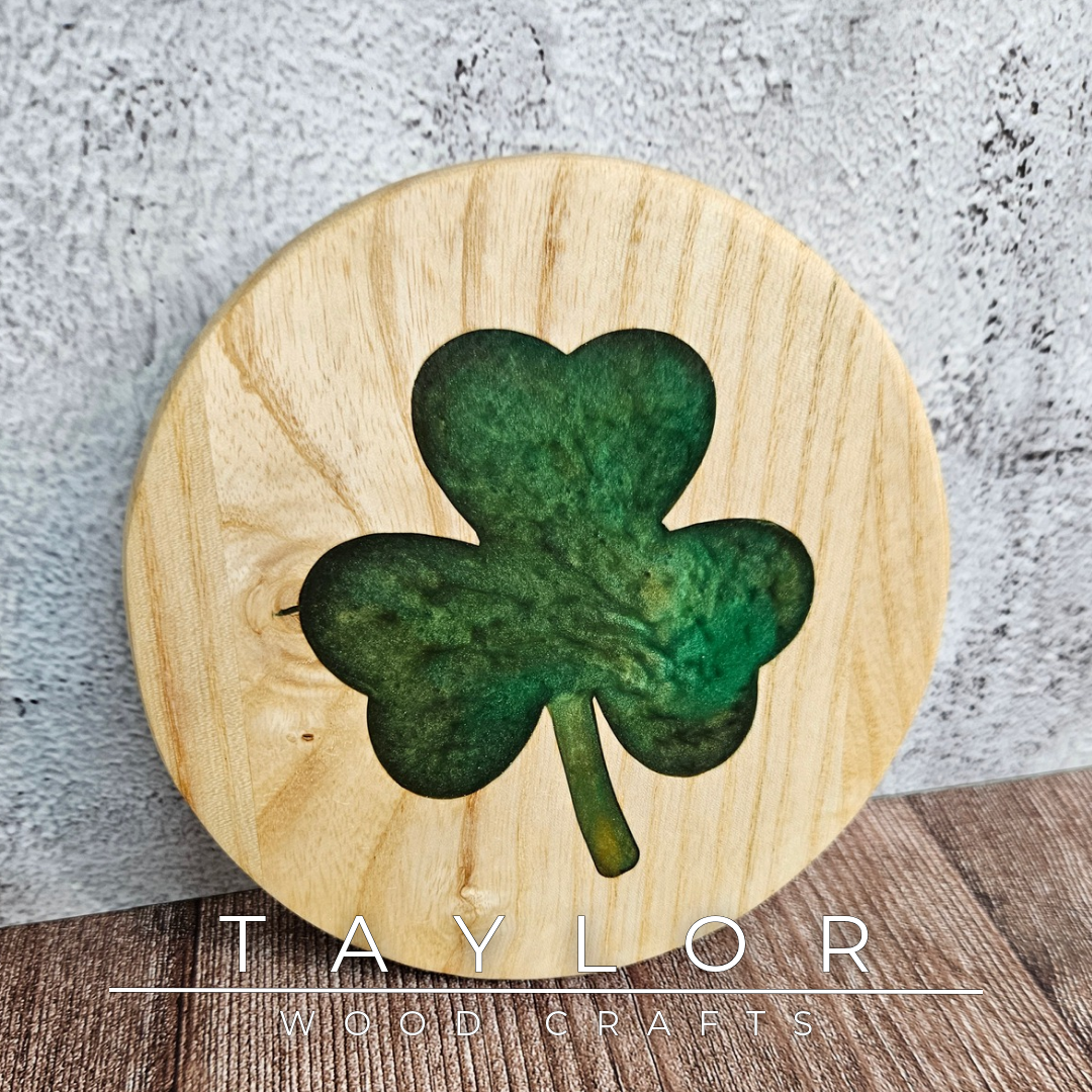 Handmade Irish resin trivet with green epoxy Shamrock or Island of Ireland design, crafted in Northern Ireland by Taylor Wood Crafts.