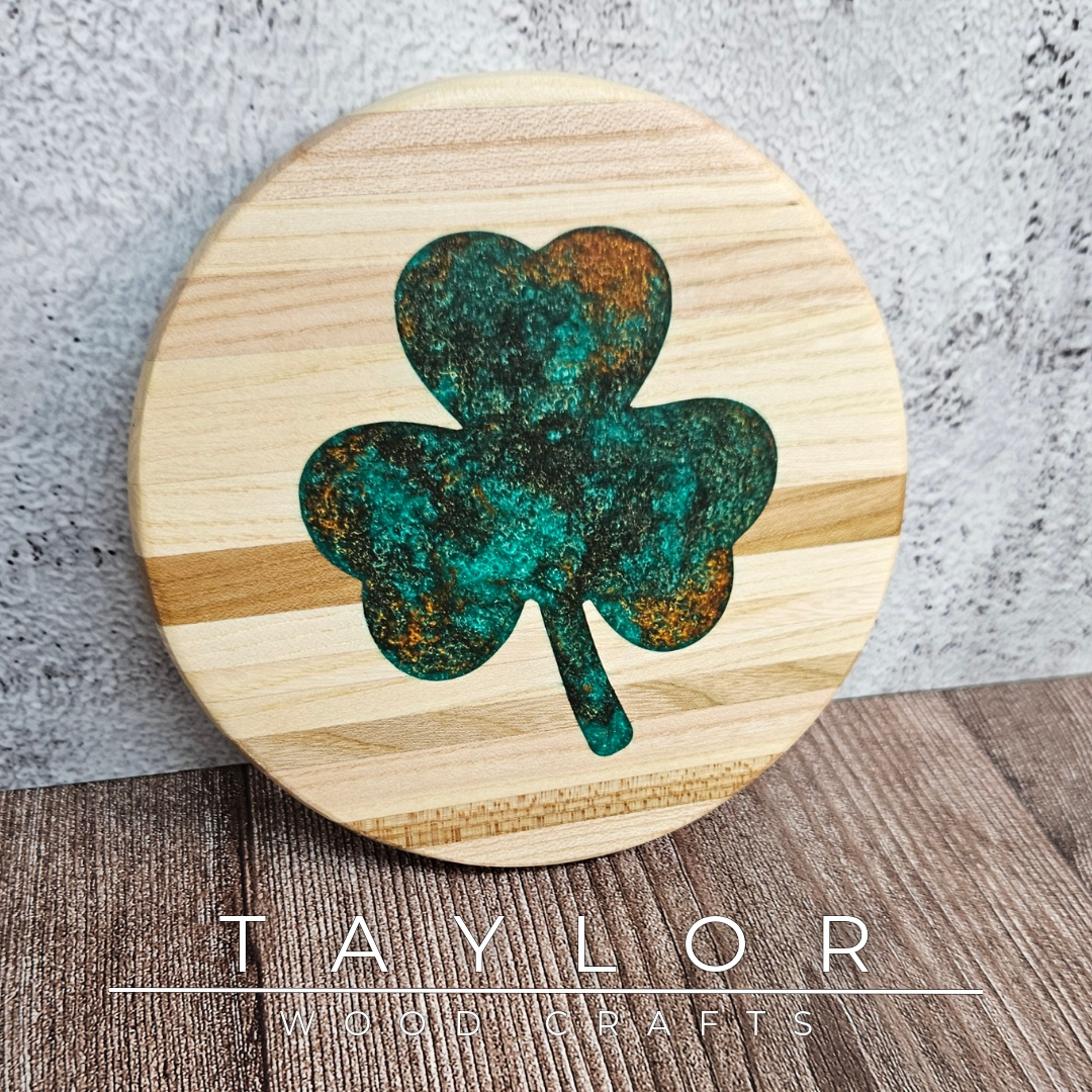 Handmade Irish resin trivet with green epoxy Shamrock or Island of Ireland design, crafted in Northern Ireland by Taylor Wood Crafts.