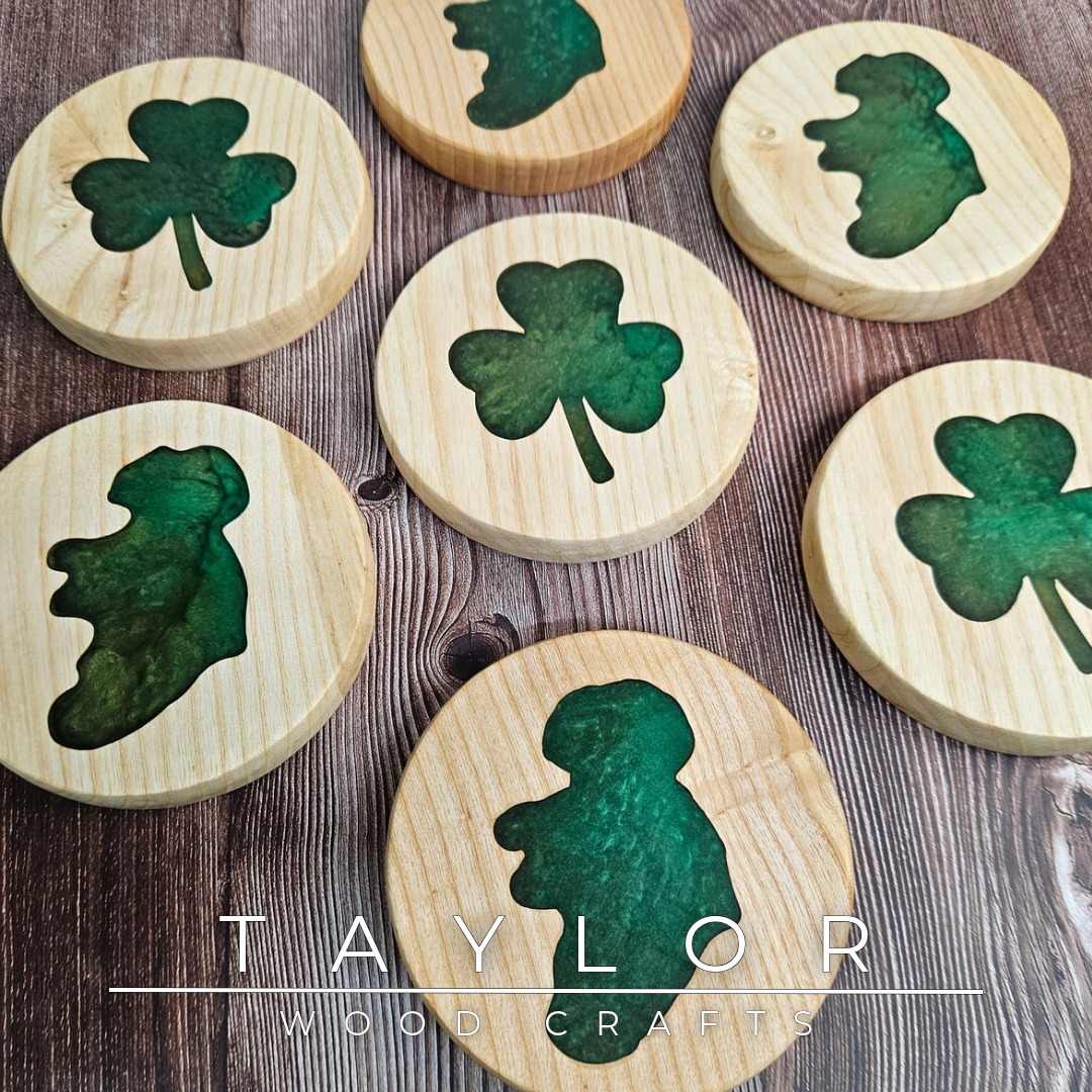 Handmade Irish resin trivet with green epoxy Shamrock or Island of Ireland design, crafted in Northern Ireland by Taylor Wood Crafts.