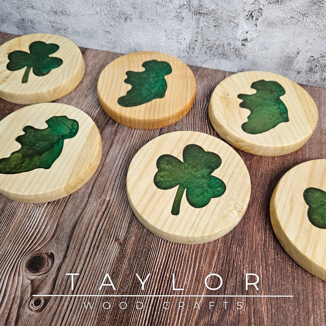 Handmade Irish resin trivet with green epoxy Shamrock or Island of Ireland design, crafted in Northern Ireland by Taylor Wood Crafts.