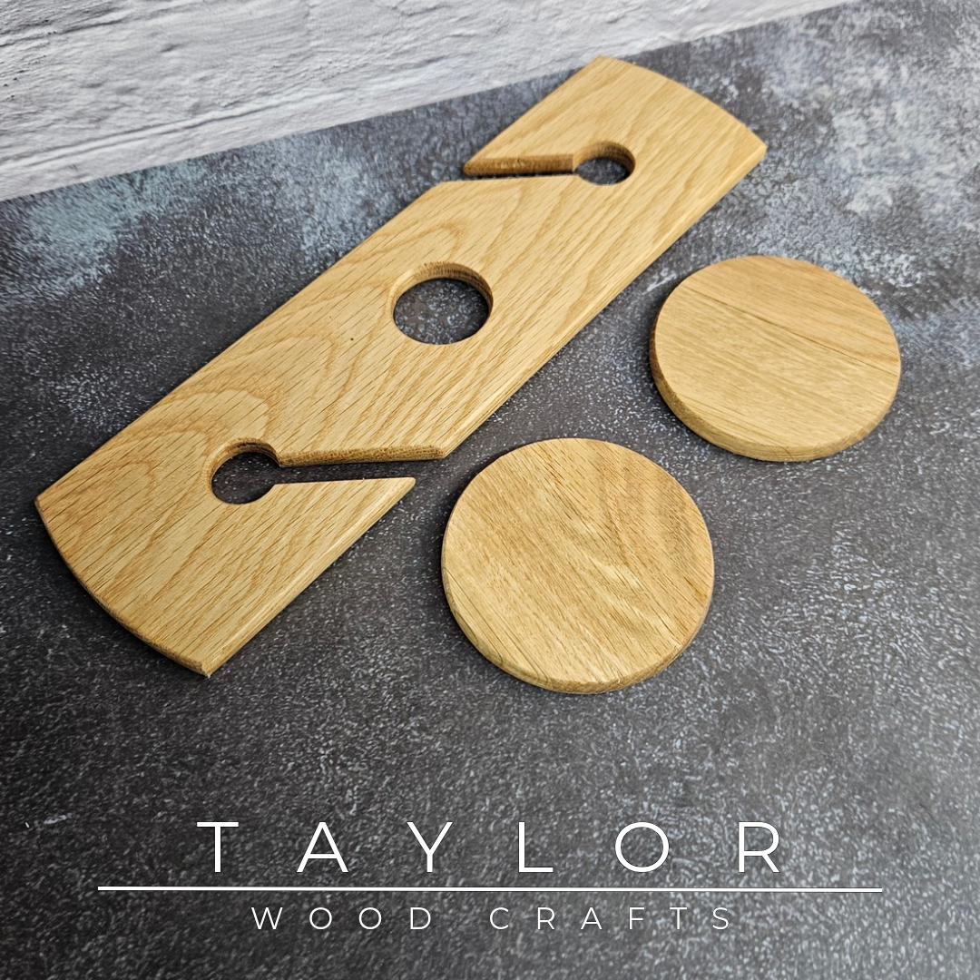 Handmade solid oak wine caddy with optional personalised laser engraving, crafted in Northern Ireland by Taylor Wood Crafts.
