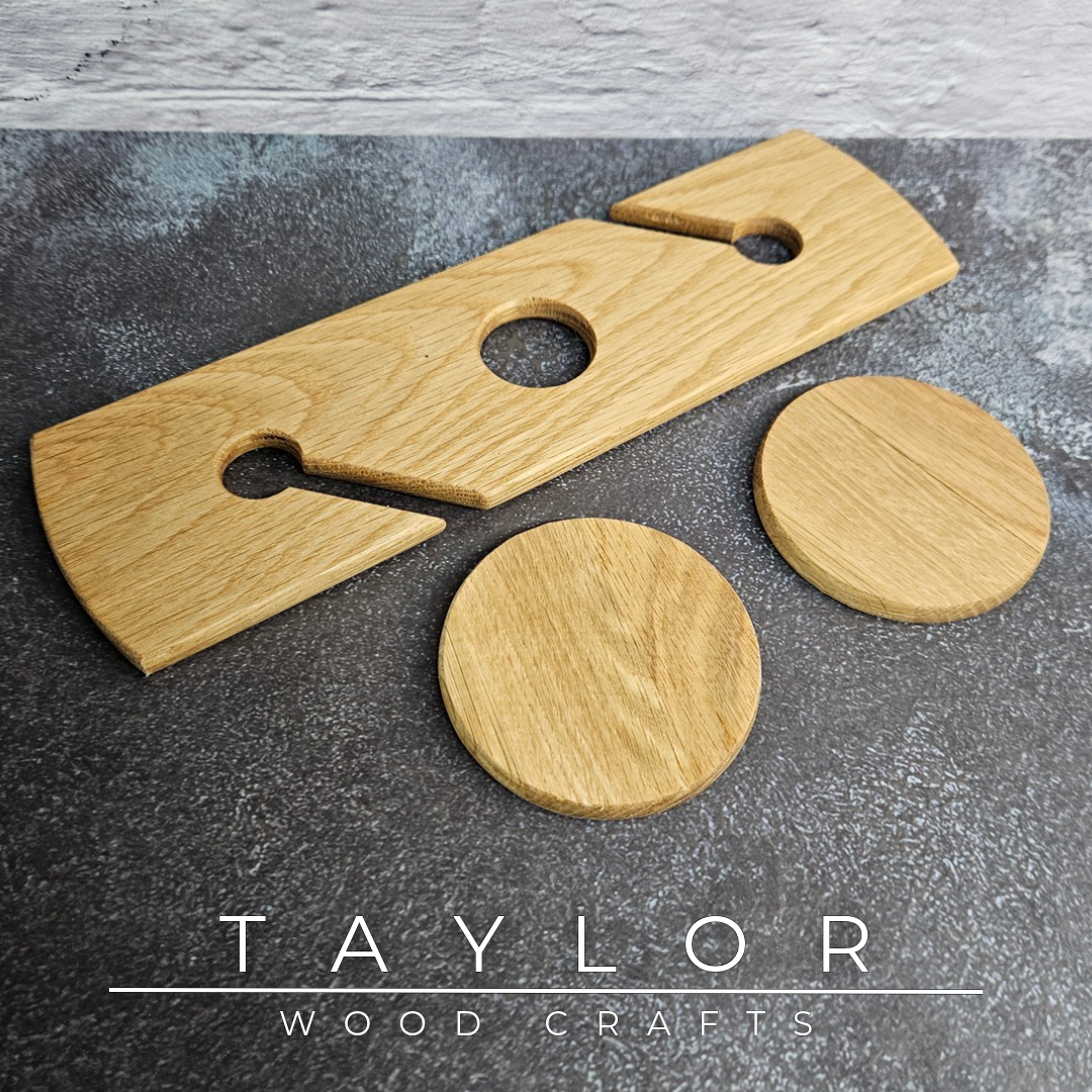 Handmade solid oak wine caddy with optional personalised laser engraving, crafted in Northern Ireland by Taylor Wood Crafts.