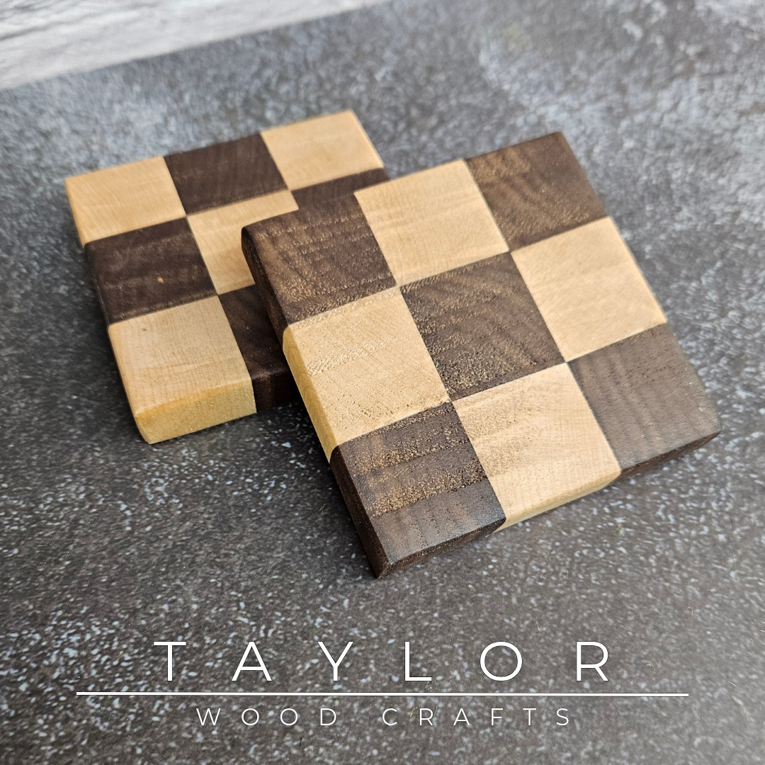 Handmade set of 2 checkerboard coasters crafted from American Black Walnut and Canadian Maple, made in Northern Ireland by Taylor Wood Crafts.