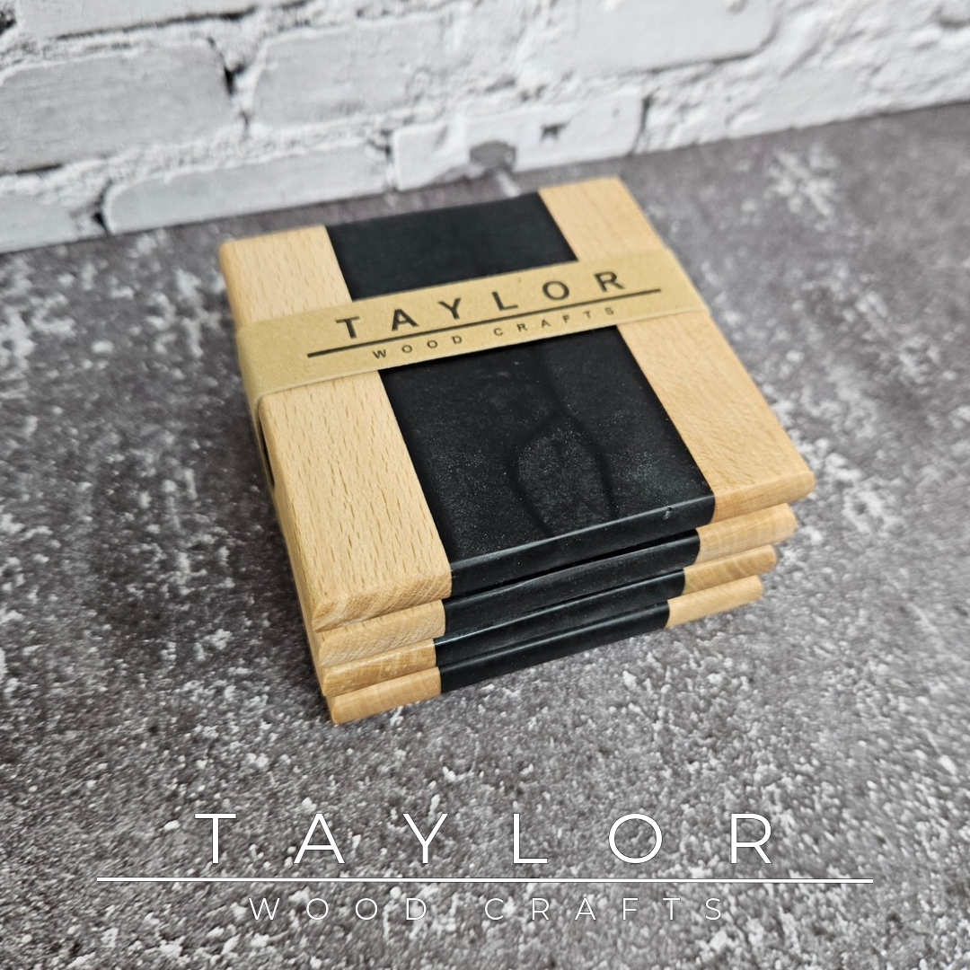 Handcrafted epoxy river coasters made from beech wood with green resin, handmade in Northern Ireland by Taylor Wood Crafts.