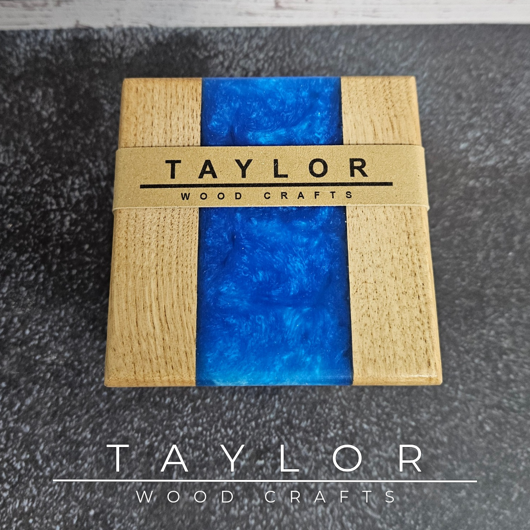 Handcrafted epoxy river coasters made from beech wood with green resin, handmade in Northern Ireland by Taylor Wood Crafts.