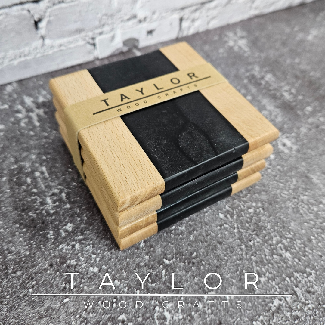 Handcrafted epoxy river coasters made from beech wood with green resin, handmade in Northern Ireland by Taylor Wood Crafts.