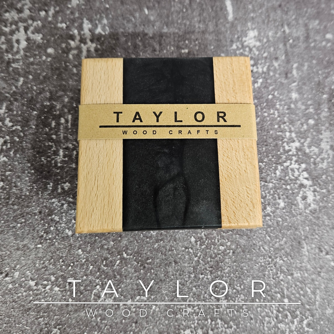 Handcrafted epoxy river coasters made from beech wood with green resin, handmade in Northern Ireland by Taylor Wood Crafts.