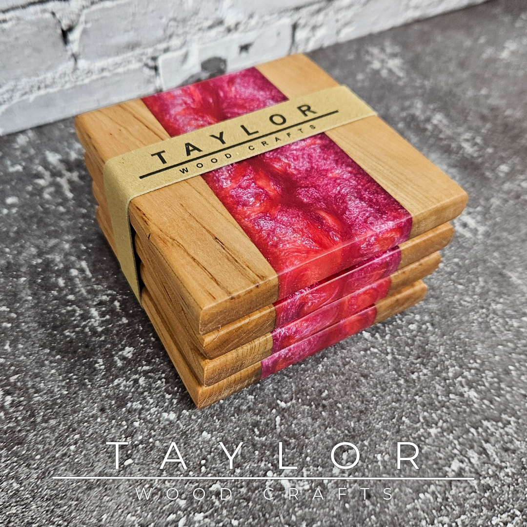 Handcrafted epoxy river coasters made from beech wood with green resin, handmade in Northern Ireland by Taylor Wood Crafts.