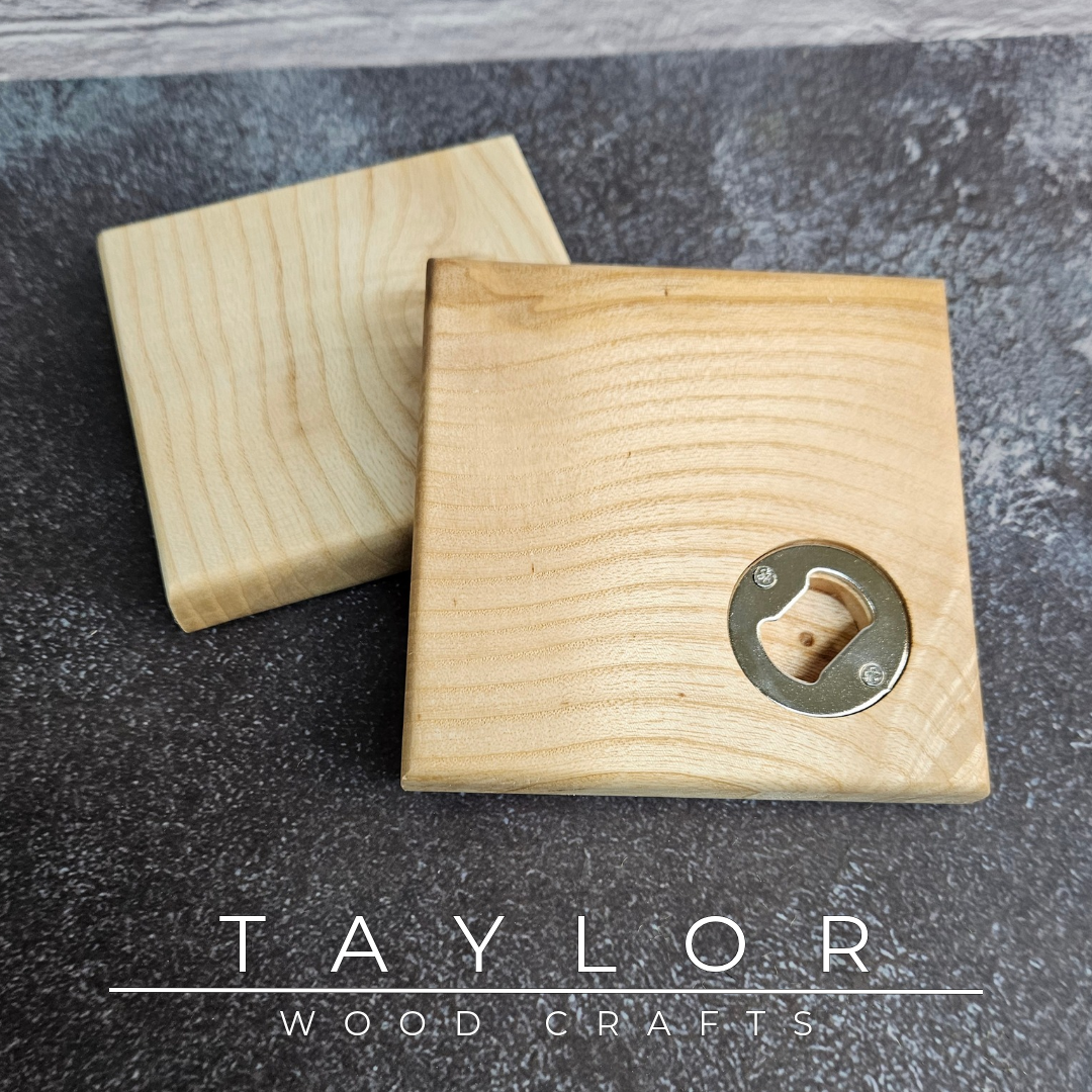 Handmade XL hardwood coaster with built-in stainless steel bottle opener, crafted in Northern Ireland by Taylor Wood Crafts.