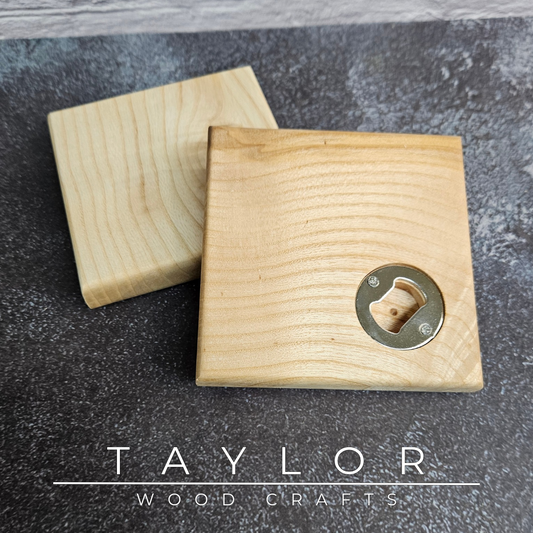 Handmade XL hardwood coaster with built-in stainless steel bottle opener, crafted in Northern Ireland by Taylor Wood Crafts.