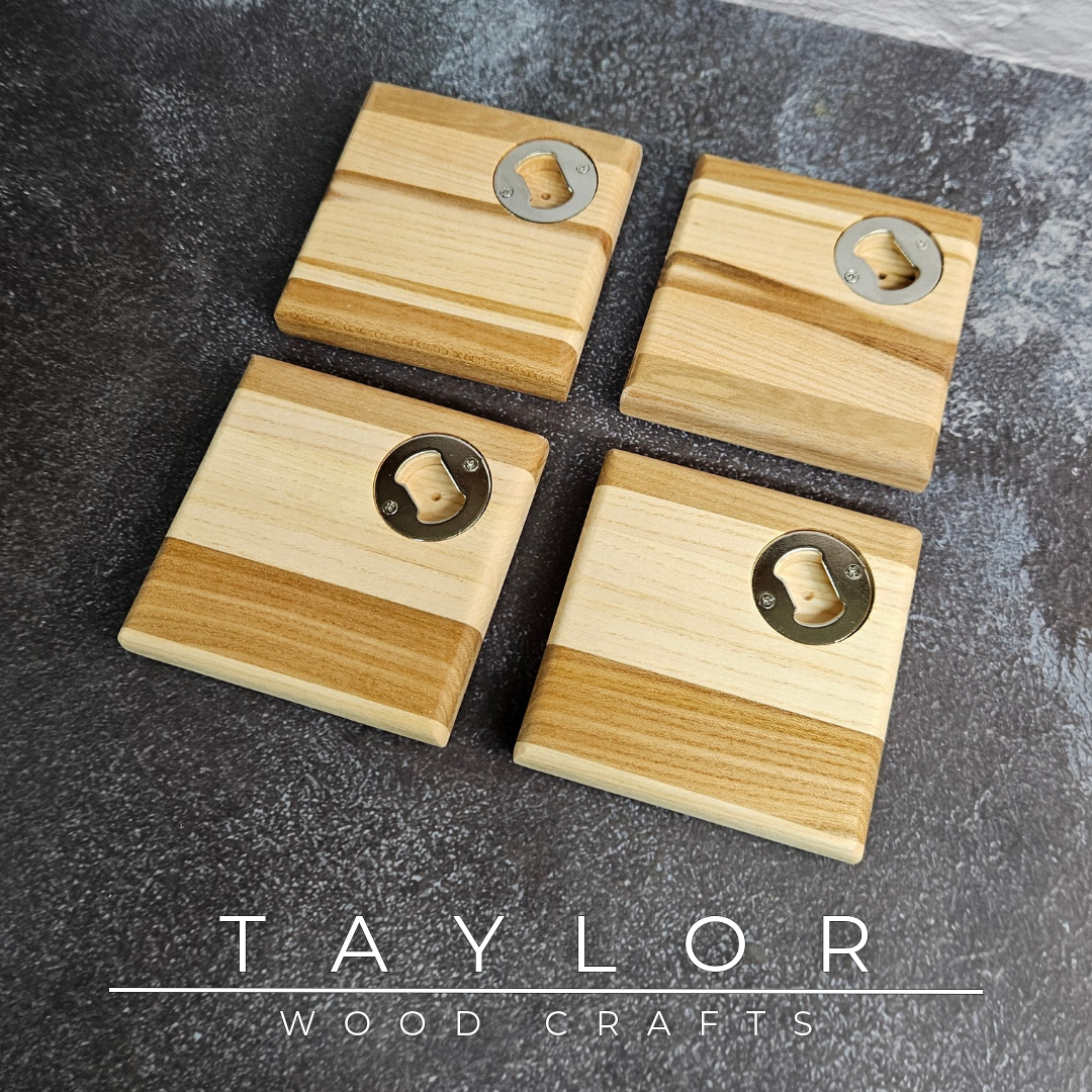 Handmade XL hardwood coaster with built-in stainless steel bottle opener, crafted in Northern Ireland by Taylor Wood Crafts.