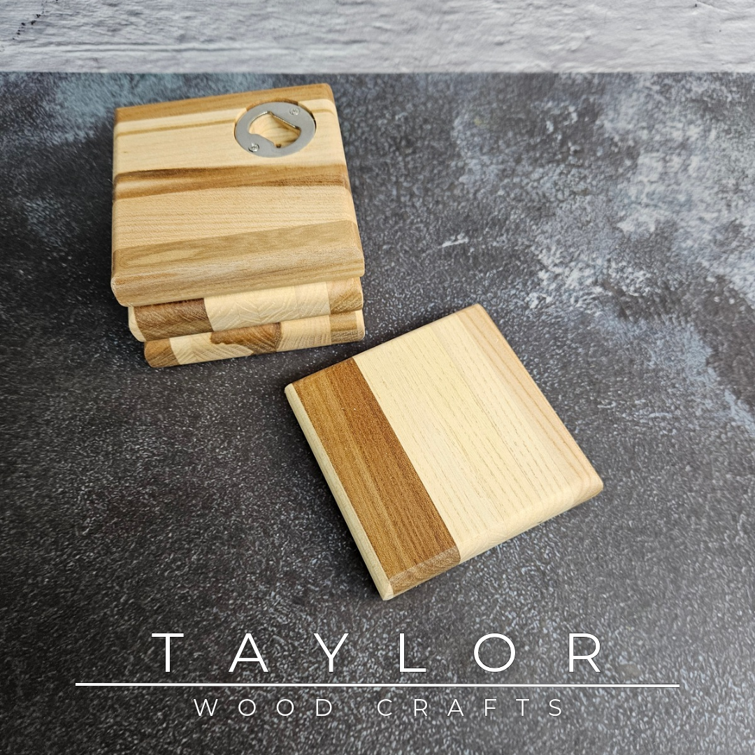 Handmade XL hardwood coaster with built-in stainless steel bottle opener, crafted in Northern Ireland by Taylor Wood Crafts.