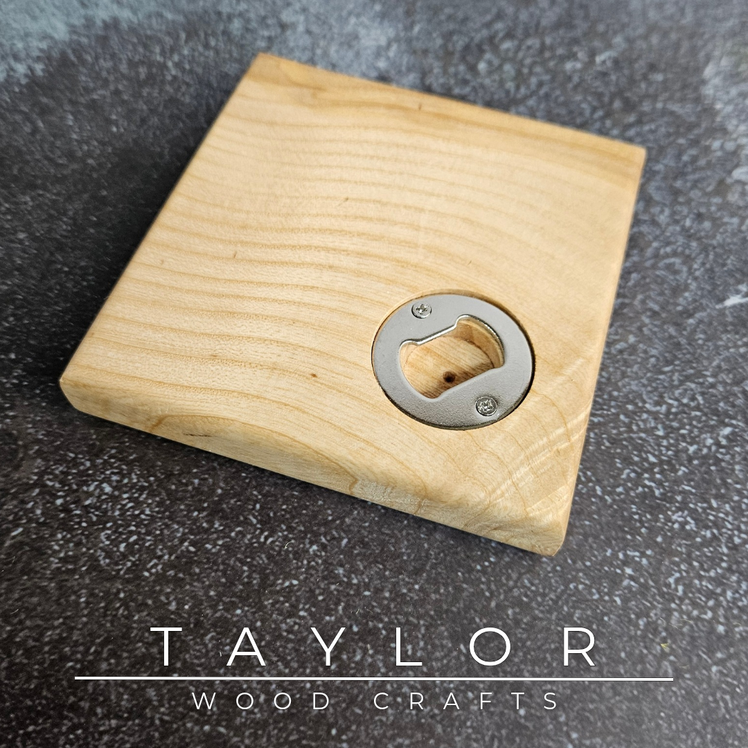 Handmade XL hardwood coaster with built-in stainless steel bottle opener, crafted in Northern Ireland by Taylor Wood Crafts.