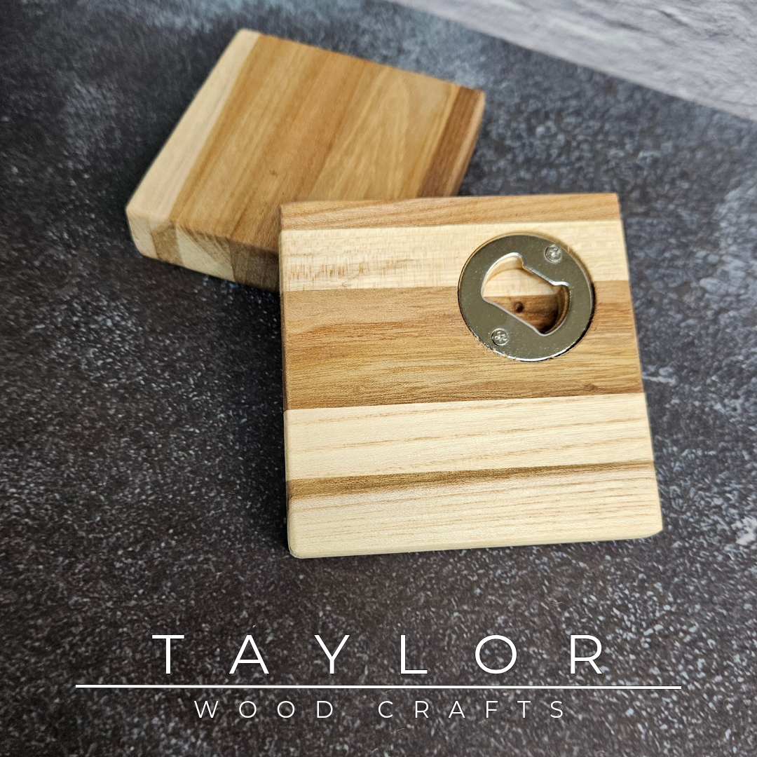 Handmade XL hardwood coaster with built-in stainless steel bottle opener, crafted in Northern Ireland by Taylor Wood Crafts.