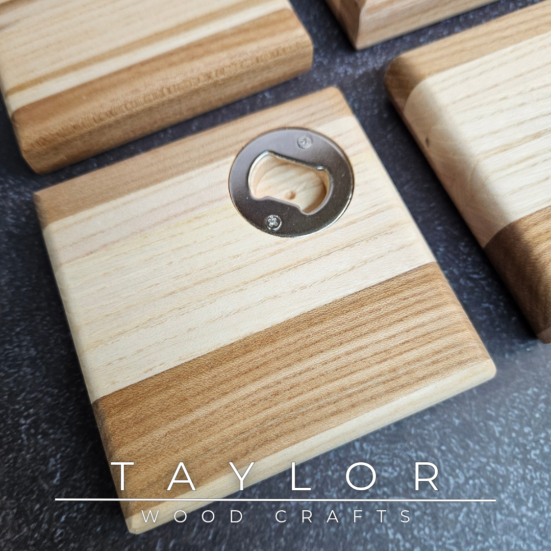 Handmade XL hardwood coaster with built-in stainless steel bottle opener, crafted in Northern Ireland by Taylor Wood Crafts.