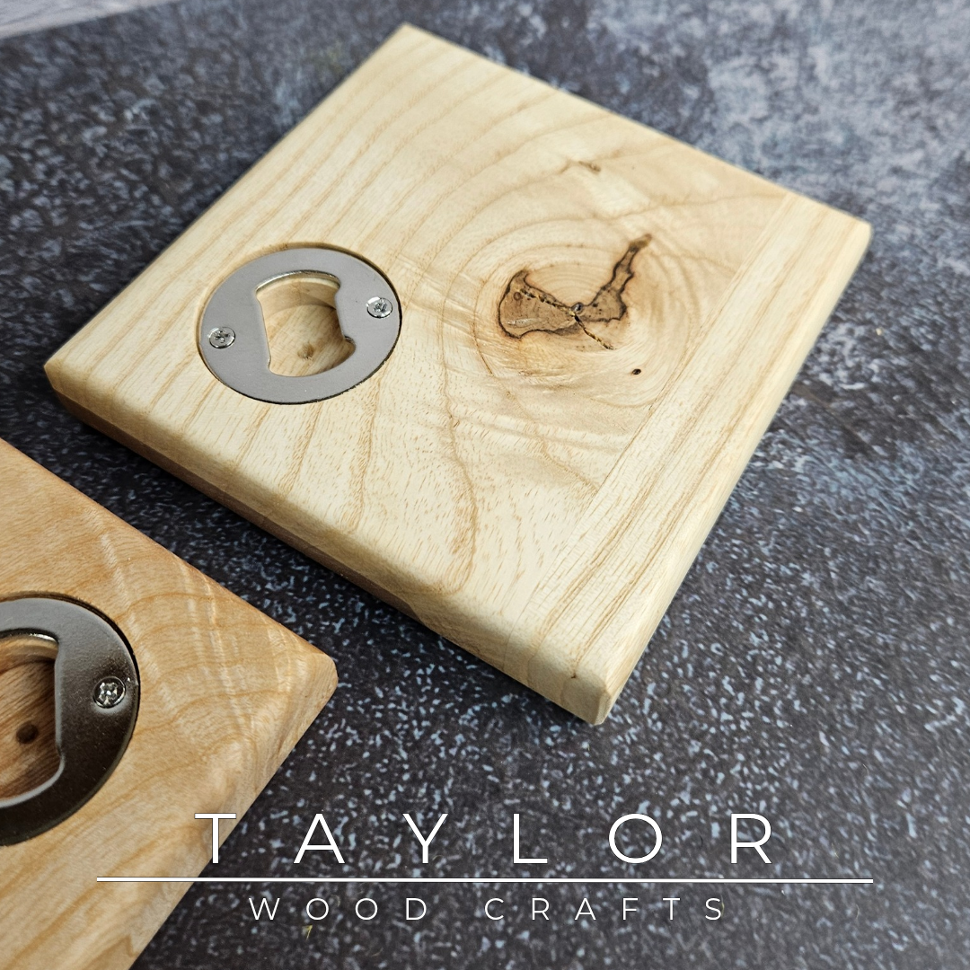 Handmade XL hardwood coaster with built-in stainless steel bottle opener, crafted in Northern Ireland by Taylor Wood Crafts.