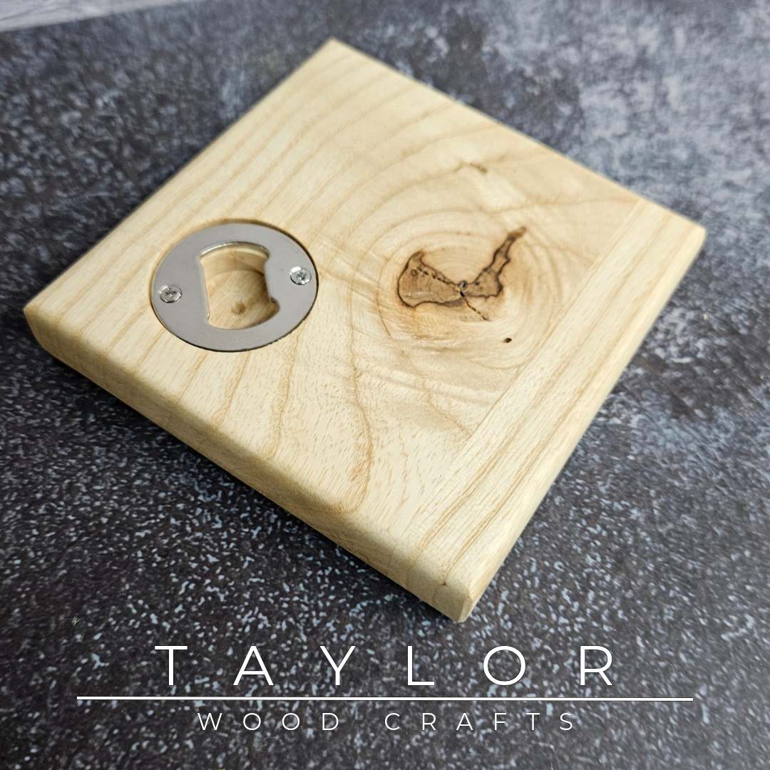 Handmade XL hardwood coaster with built-in stainless steel bottle opener, crafted in Northern Ireland by Taylor Wood Crafts.