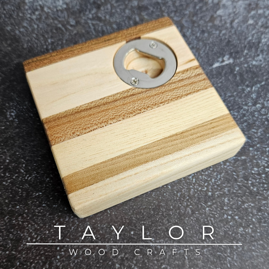 Handmade XL hardwood coaster with built-in stainless steel bottle opener, crafted in Northern Ireland by Taylor Wood Crafts.