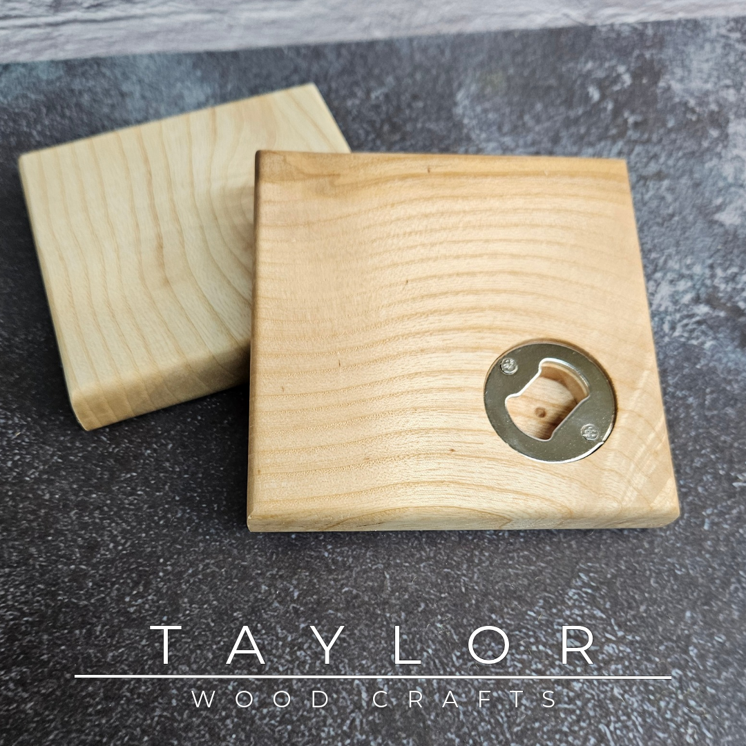 Handmade XL hardwood coaster with built-in stainless steel bottle opener, crafted in Northern Ireland by Taylor Wood Crafts.