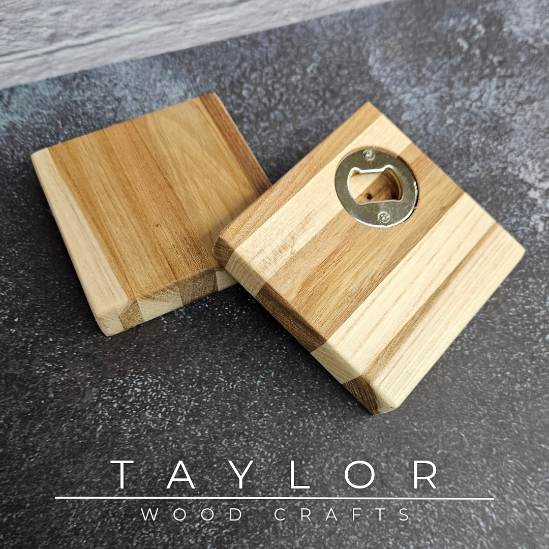 Handmade XL hardwood coaster with built-in stainless steel bottle opener, crafted in Northern Ireland by Taylor Wood Crafts.