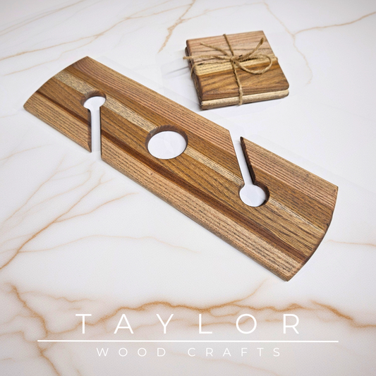 Wooden cutting board with decorative item on a marble surface, featuring 'Taylor Wood Crafts' branding.