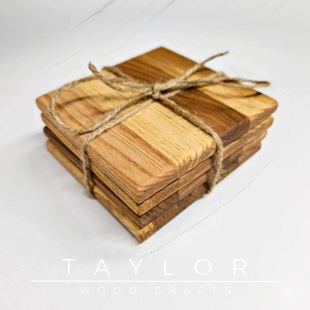 Stack of wooden coasters tied with twine on a white surface, with 'Taylor Wood Crafts' branding.