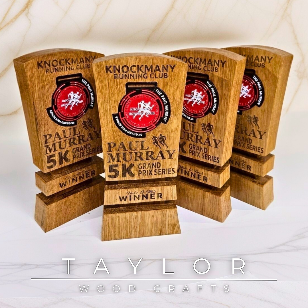 Trophy Taylor Wood Crafts bespoke solid oak award with personalized laser engraving, ideal for sports clubs, medal