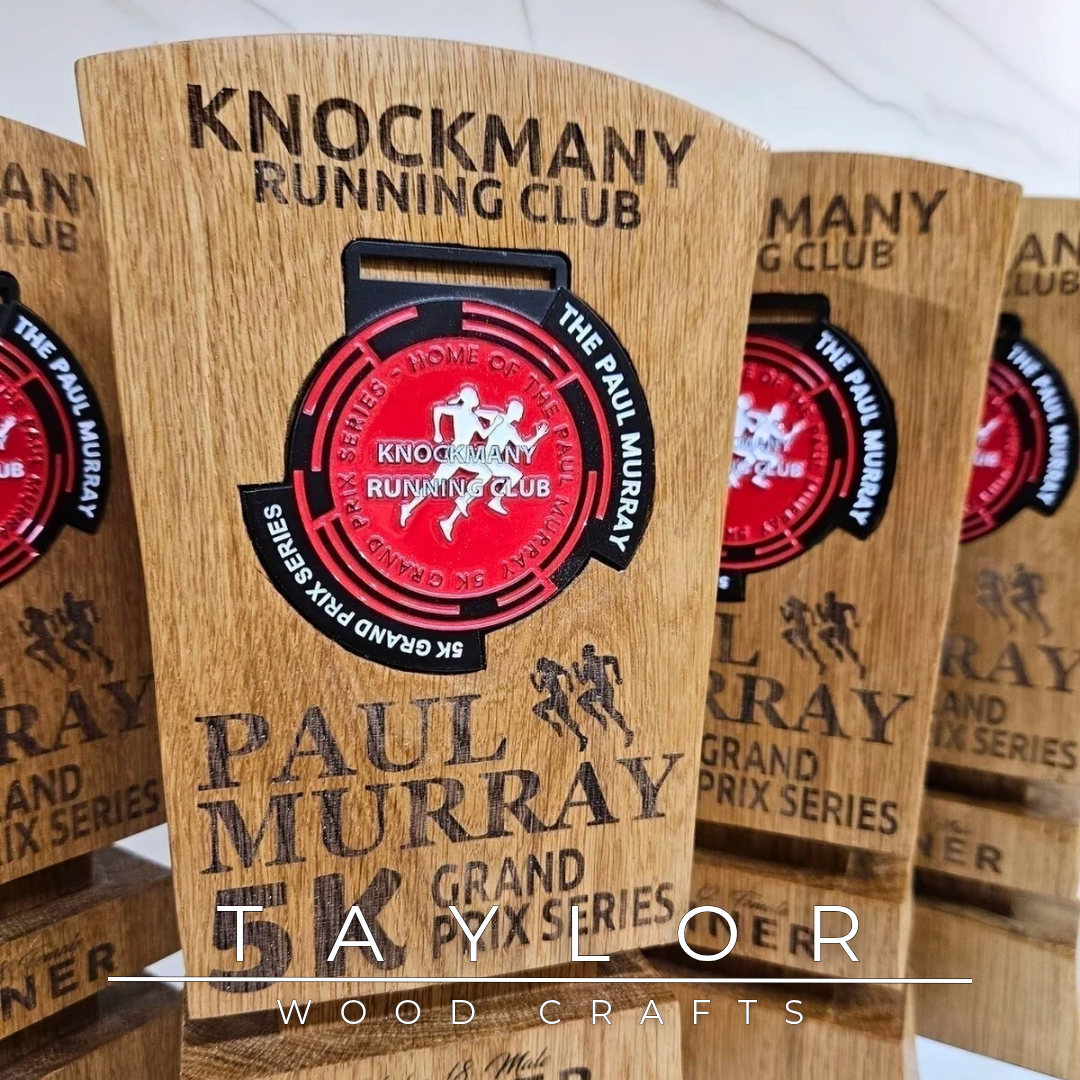 Trophy Taylor Wood Crafts bespoke solid oak award with personalized laser engraving, ideal for sports clubs, medal