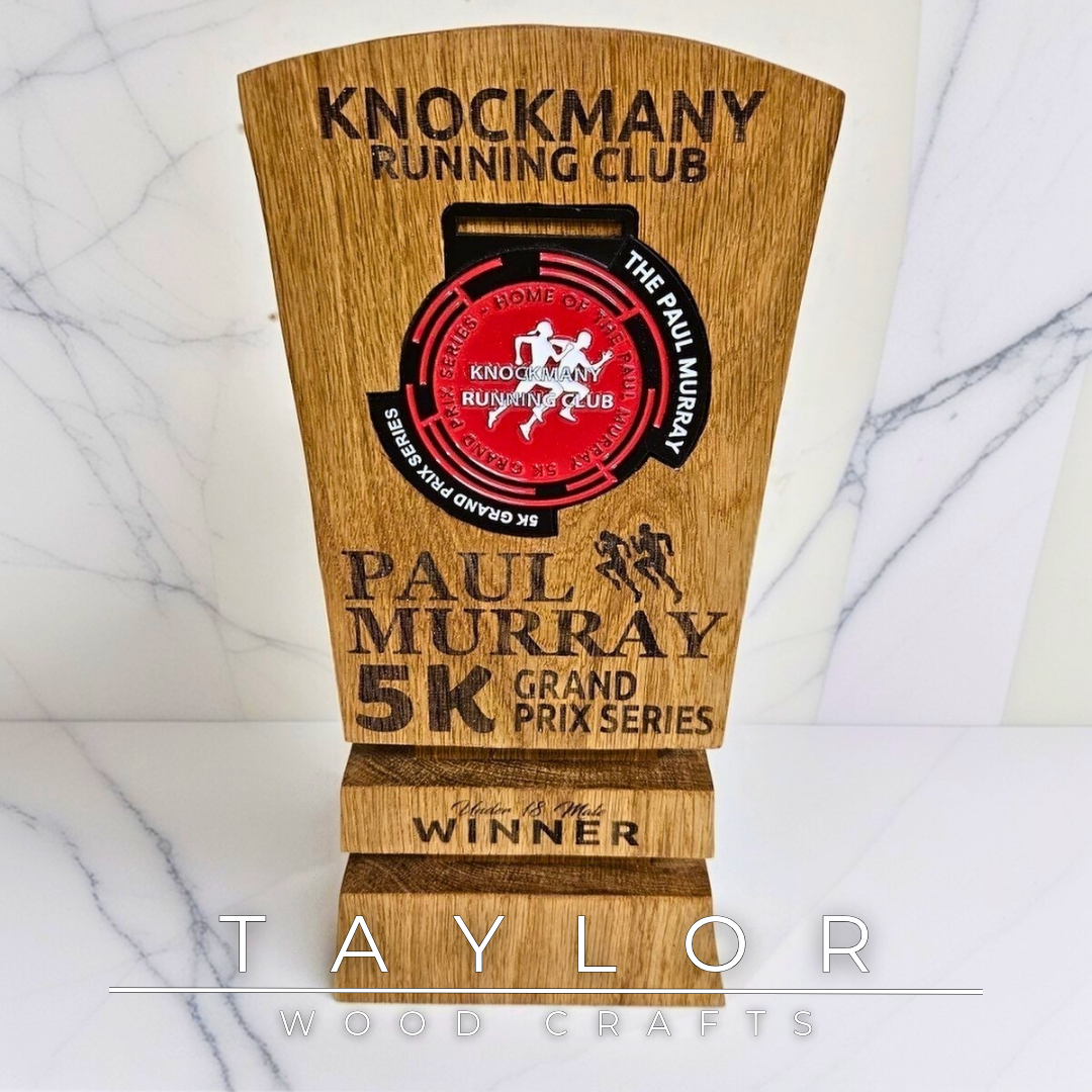 Trophy Taylor Wood Crafts bespoke solid oak award with personalized laser engraving, ideal for sports clubs, medal