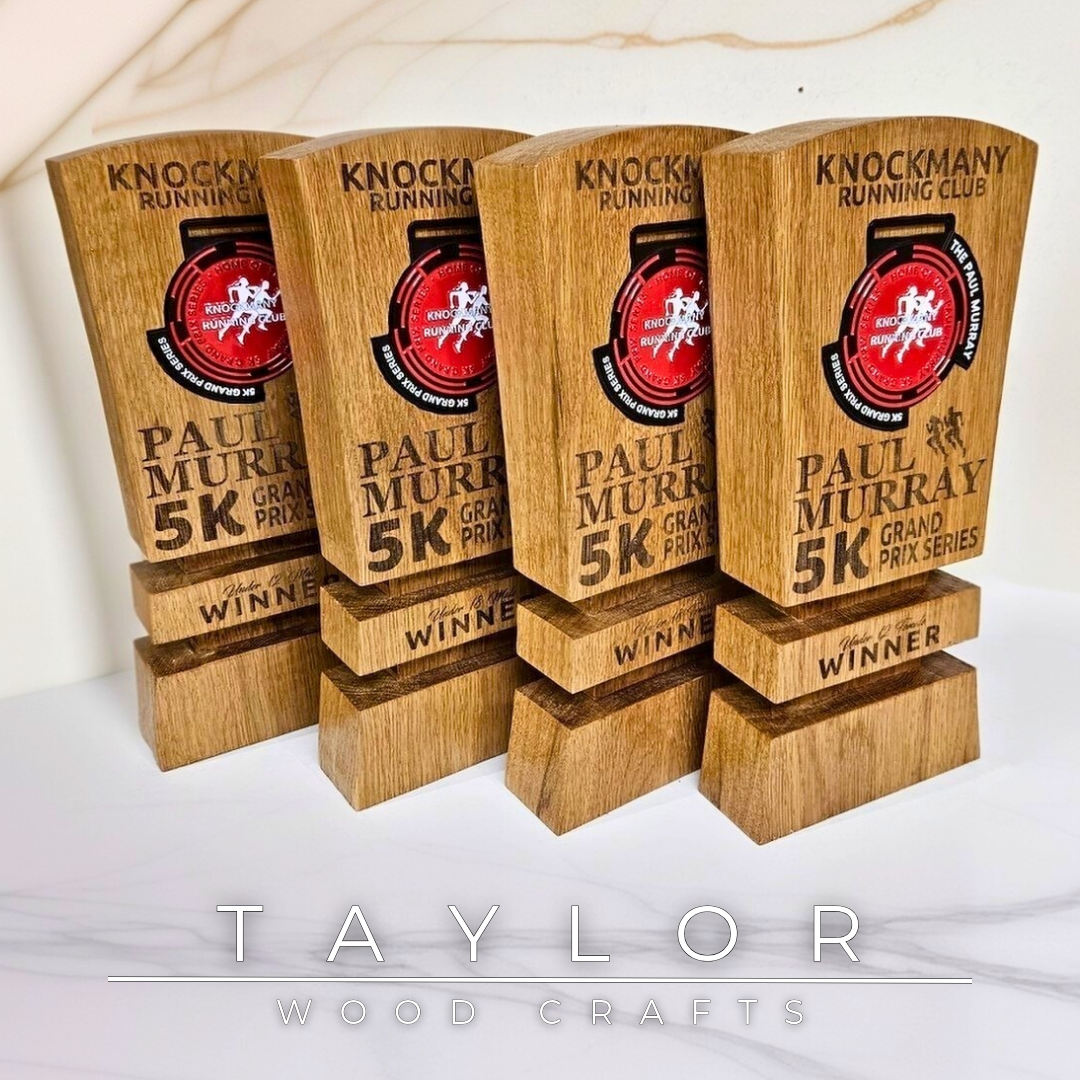 Trophy Taylor Wood Crafts bespoke solid oak award with personalized laser engraving, ideal for sports clubs, medal