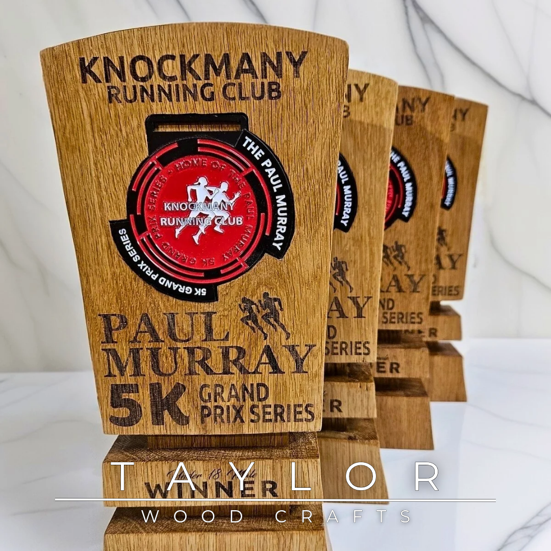 Trophy Taylor Wood Crafts bespoke solid oak award with personalized laser engraving, ideal for sports clubs, medal
