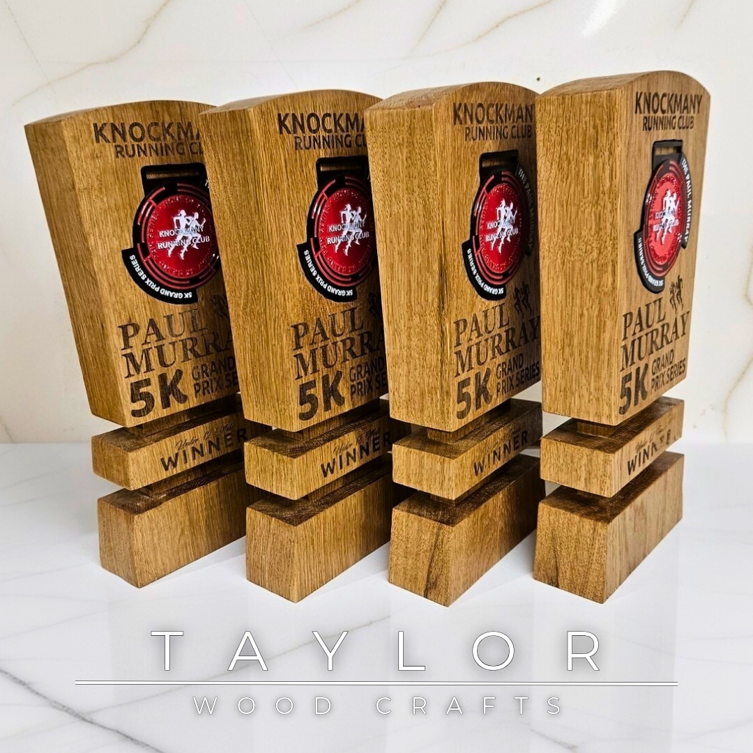 Trophy Taylor Wood Crafts bespoke solid oak award with personalized laser engraving, ideal for sports clubs, medal