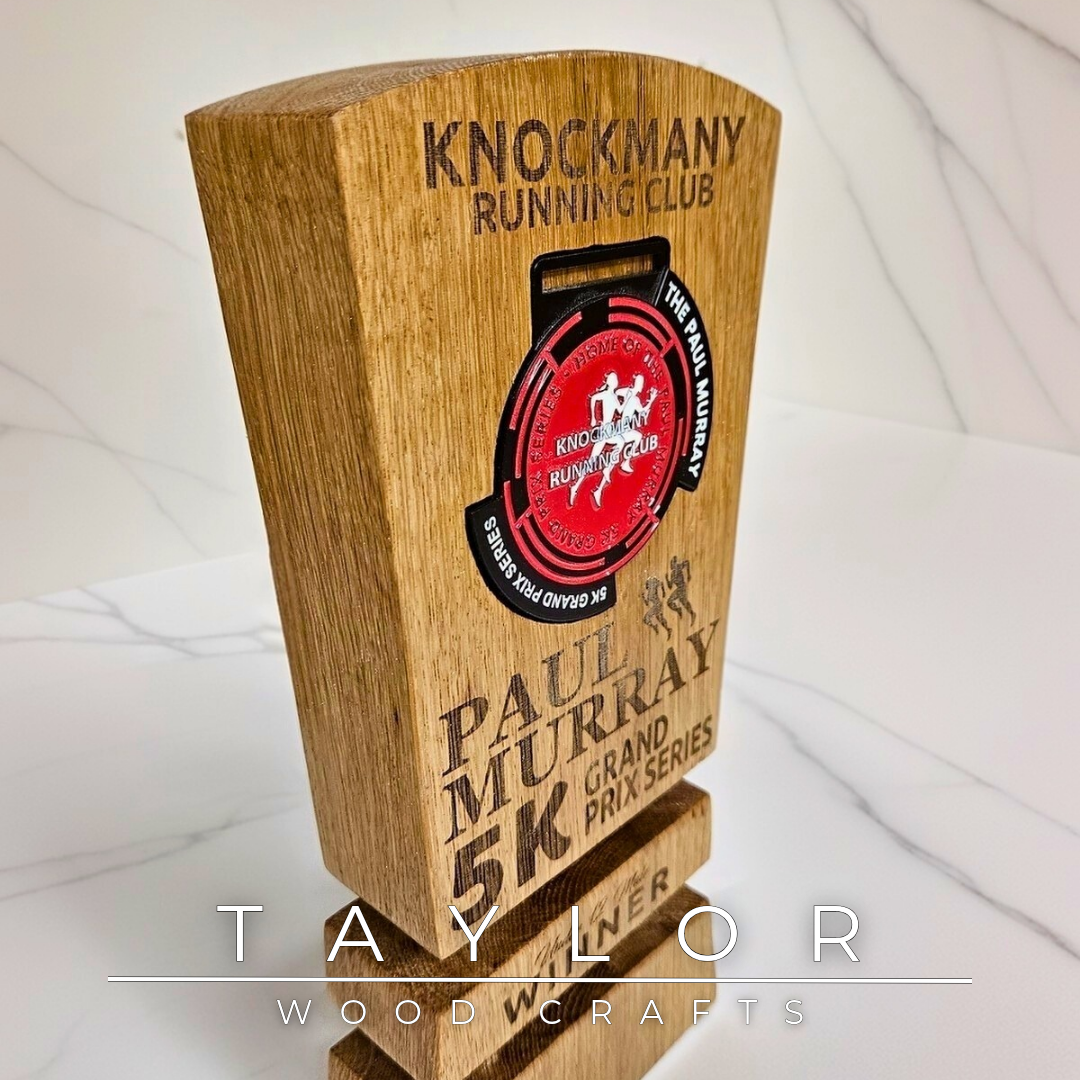 Trophy Taylor Wood Crafts bespoke solid oak award with personalized laser engraving, ideal for sports clubs, medal