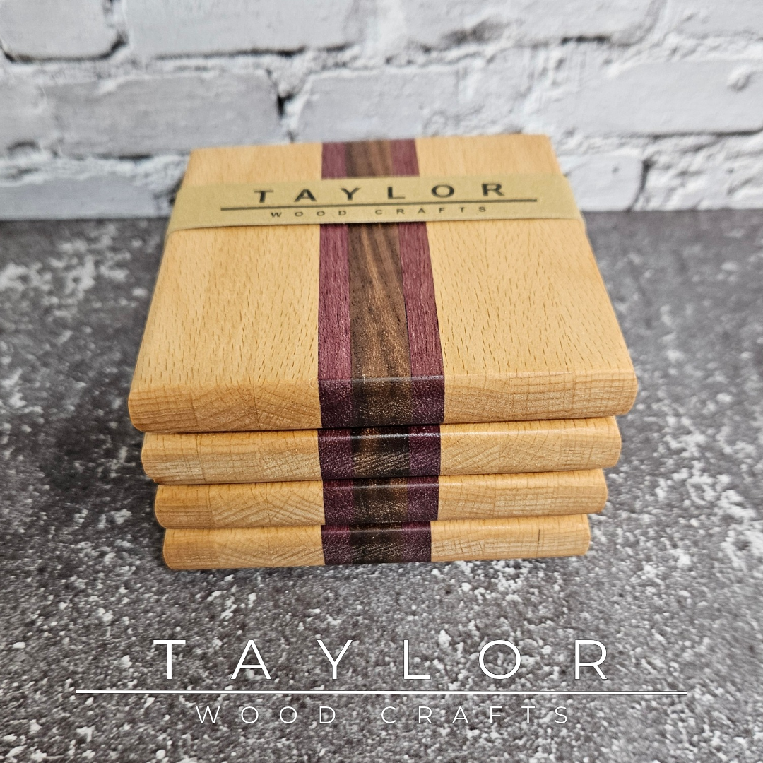 One-of-a-kind handmade wooden coaster set featuring a unique striped pattern created from contrasting hardwoods.