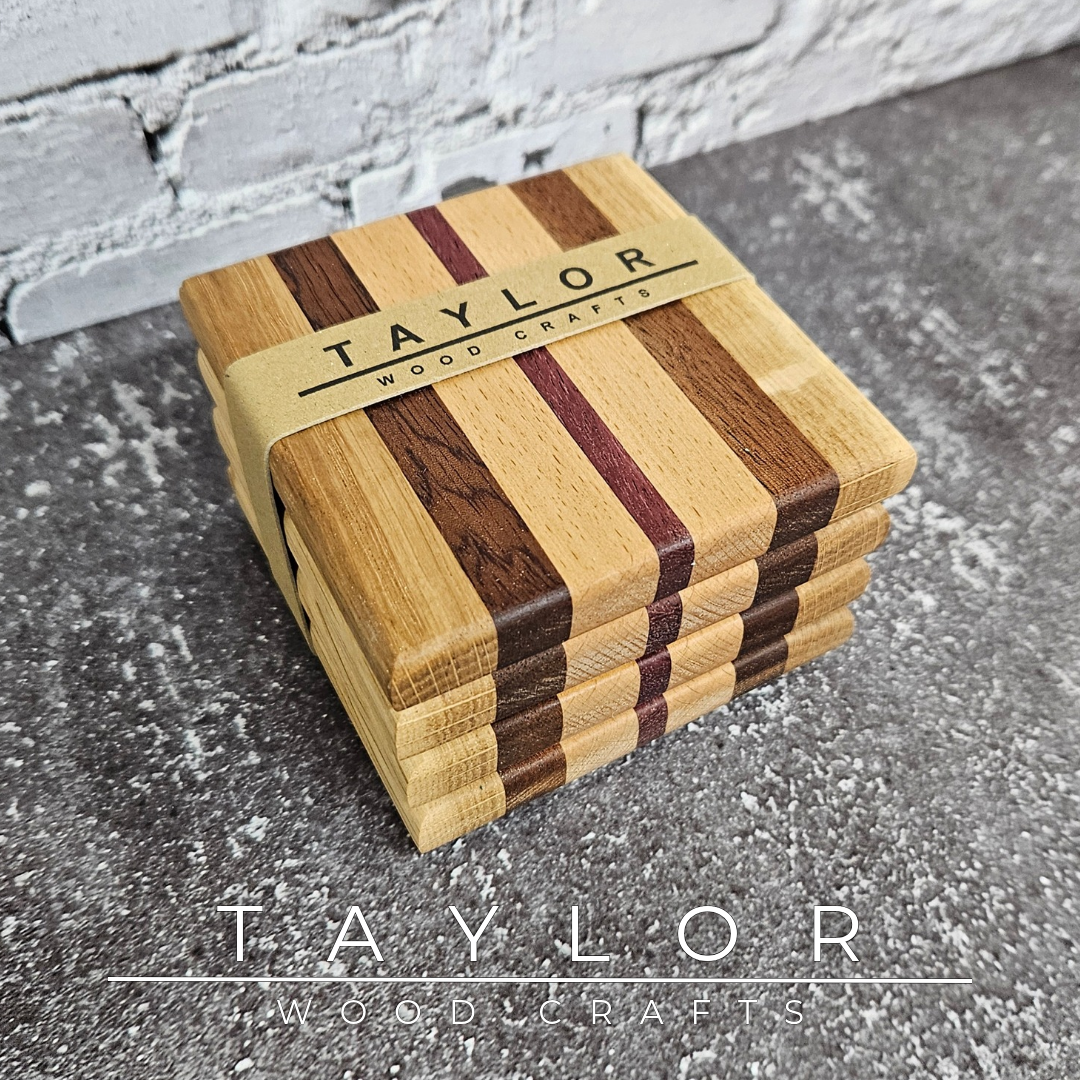 One-of-a-kind handmade wooden coaster set featuring a unique striped pattern created from contrasting hardwoods.
